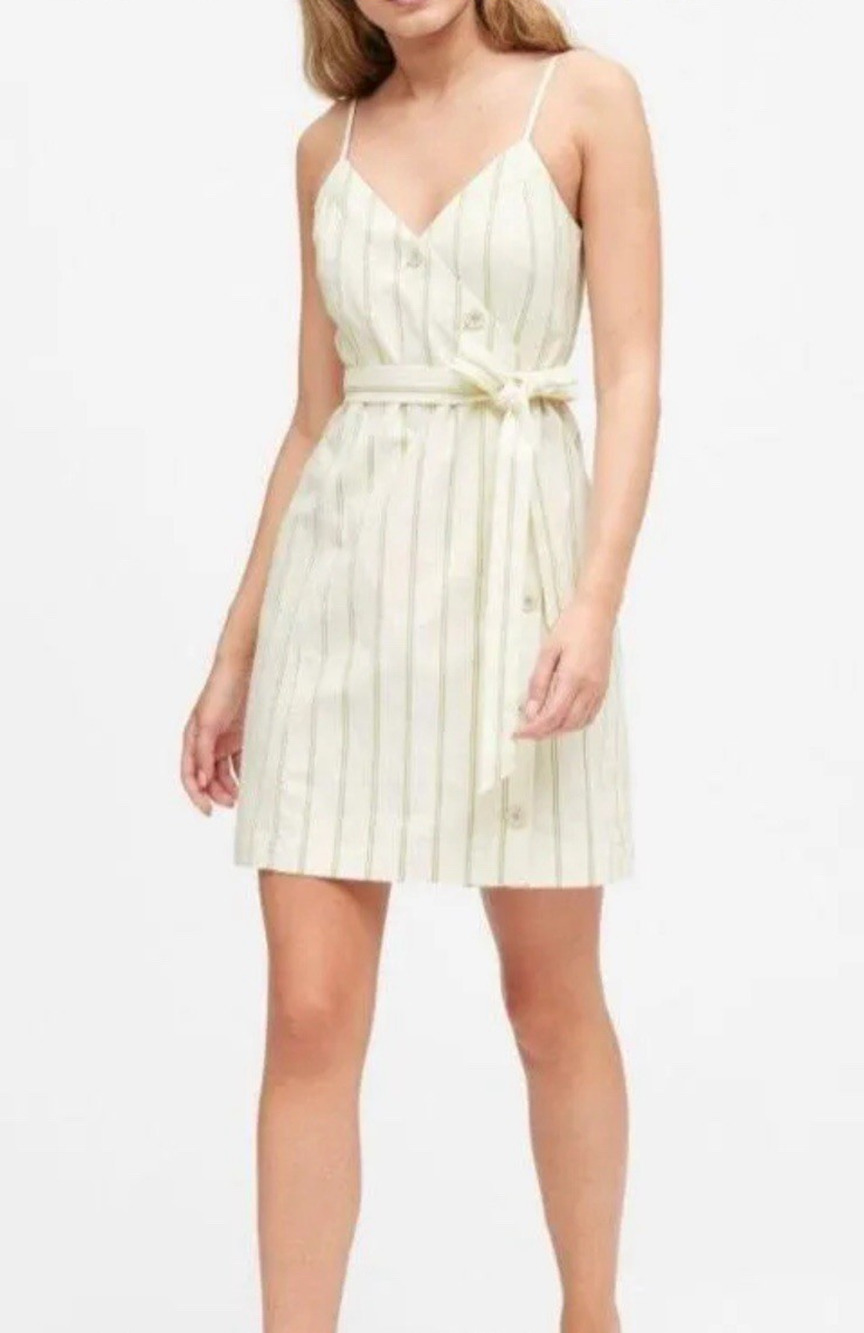 Banana Republic Dress Size 2 Striped Button Frotn Ivory Neon Green Summer Mini